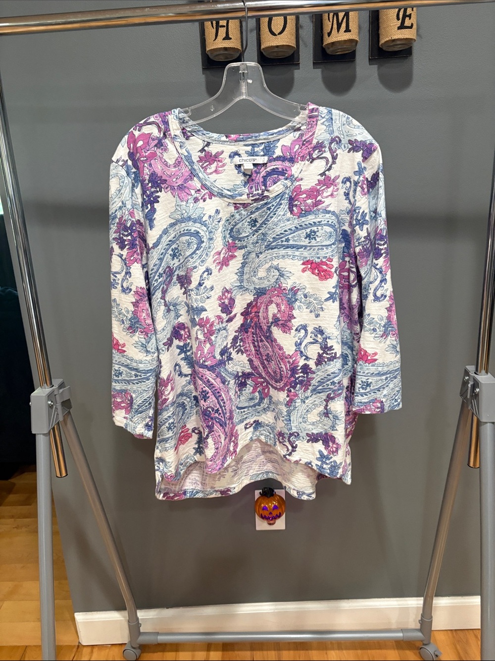 Chico's White Scoop Neck Long Sleeve Top with Purple & Blue Paisley